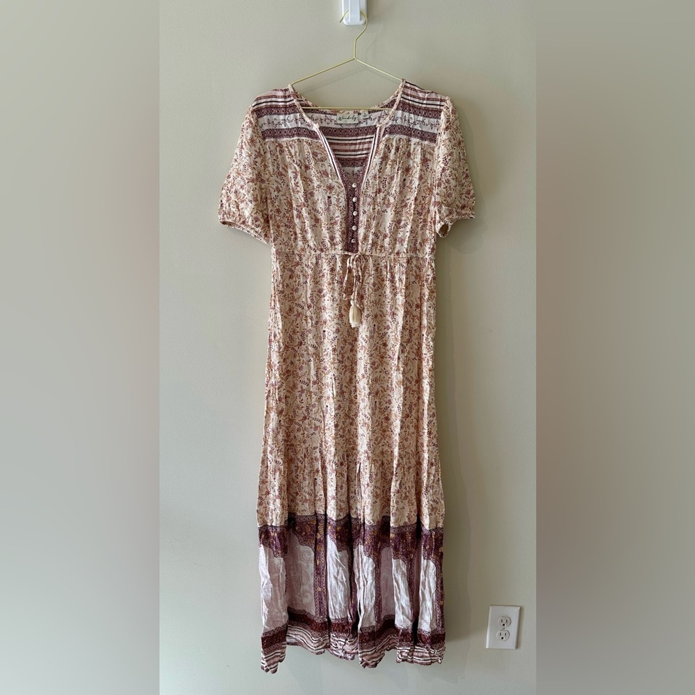 Wonderly Drawstring Waist Paisley Boho Midi Dress with Front Slit size Small New
